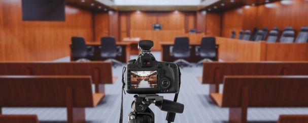 Camera on Tripod in empty courtroom