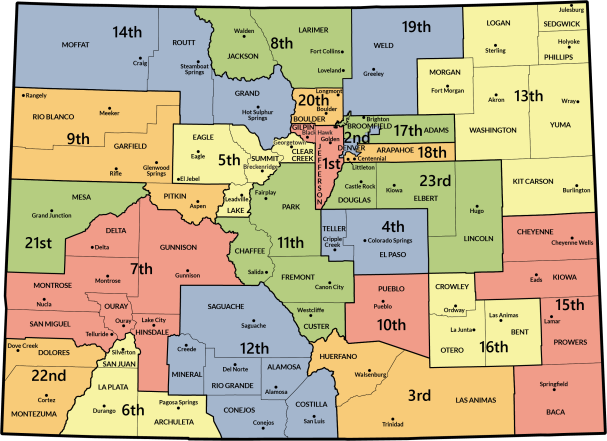 Colorado Judicial Map of counties, districts and town where courthouses are located.