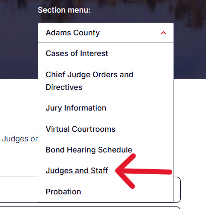 Screen shot of Section Menu with an arrow pointing to Judges and Staff.