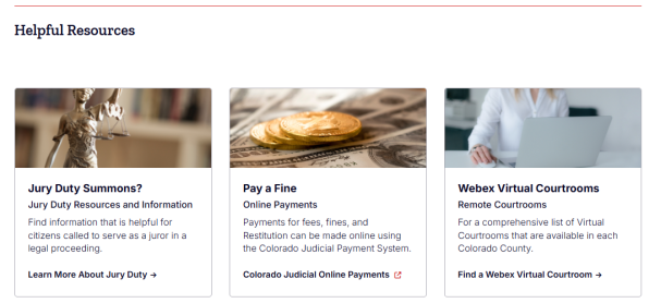 Screen shot of the Helpful Resources on the Home page with links to Jury page, Paying a Fine, and Webex Directory