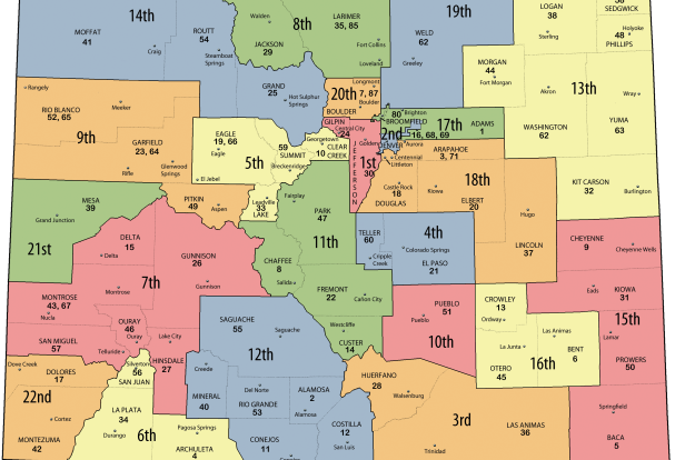 Color coded map of Colorado's 22 Judicial District