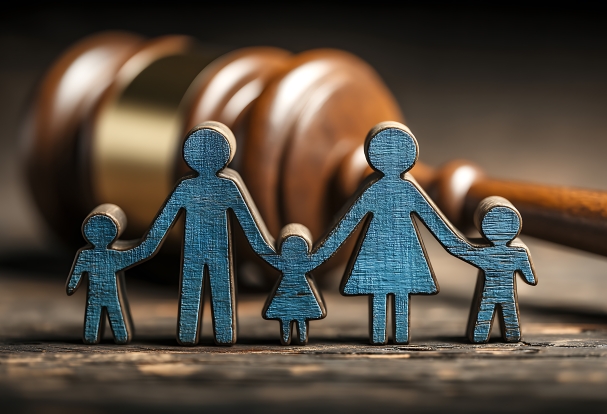 Family holding hands in front of a gavel